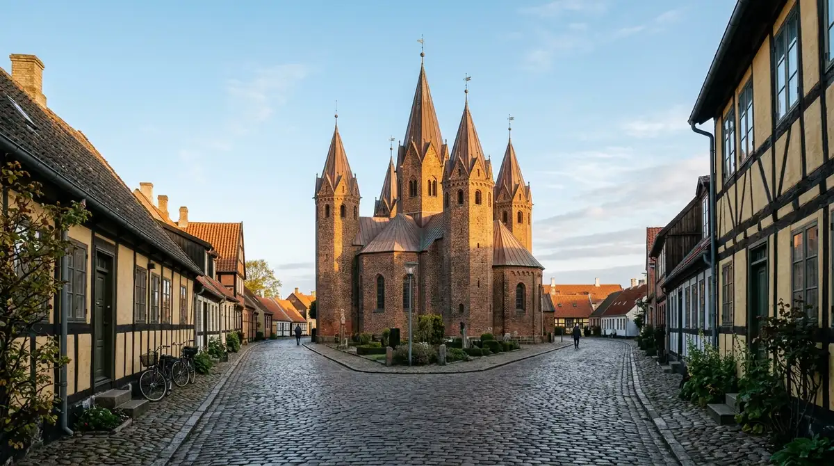 Den historiske Vor Frue Kirke med de ikoniske fem tårne i 4400 Kalundborg i smukt morgenlys